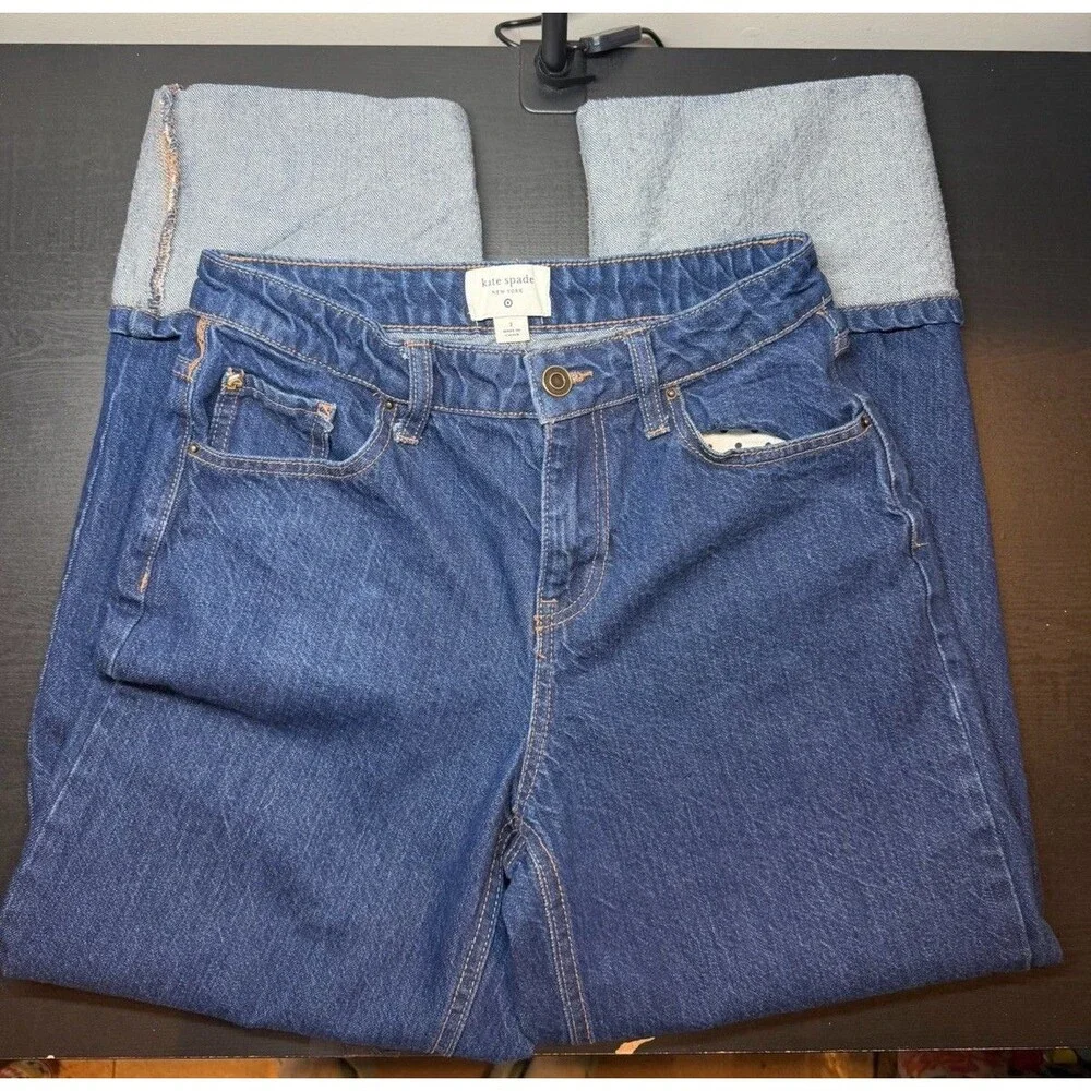 Kate Spade Denim Straight Leg Wide Cuff Jeans Cotton Dark Wash Sz 2
